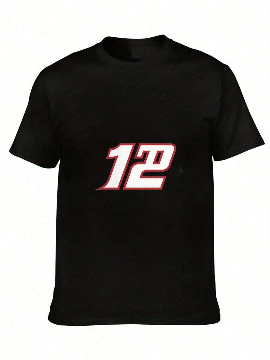 Camiseta de Jersey para Hombre 100% con el Número 12 - Negra con 12 Blanco y Detalles Rojos - Camiseta Casual Suave y Transpirable para Eventos de Carreras, Aficionados, Regalos - Camiseta de Manga Corta con Cuello Redondo - Negro - Ver 1