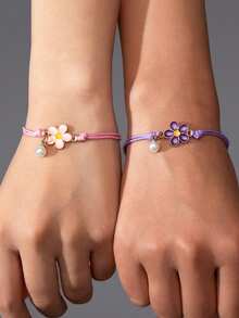 2pcs Lovely Floral Bracelets For Women, Flower Design With Faux Pearl, Adjustable Size, Each Set Comes With A Thank You Card, Suitable For Daily Wear, Sharing With Loved Ones, Wedding Gift - Multicolor - View 3