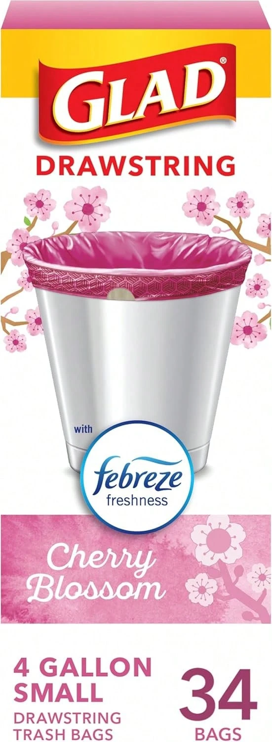 Glad Small Trash Bags 4 Gallon, Febreze Cherry Blossom Garbage Bags, Odor Resistant With Drawstring, 34 Count - ColorC - 查看 1