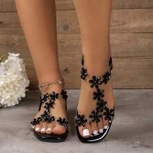 Women's Floral Crystal Decorated Sandals, Elastic Back Strap Open Toe Flat Shoes, PVC Crystal Beach Sandals, Spring/Summer/Autumn - Black Flowers - View 6