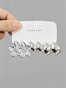 Set de 6/18 pendientes, pendientes asimétricos exagerados en forma de lágrima y extra grandes en forma de C, adecuados para uso diario y vacaciones, material de resina ABS con chapado en plata UV, set de pendientes hipoalergénicos - Plateado - Ver 4