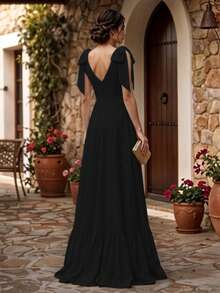 Women's V-Neck Backless Long Dress - Black - View 3