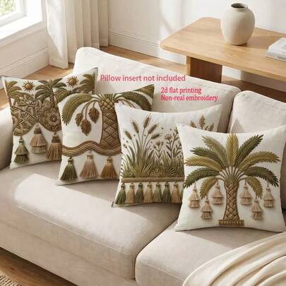Set Of 4 Tropical Plants Palm Tree & Reed Tassel Single-Sided Printed Pillow Covers, 2D Flat Printing, Non-Real Embroidery - Soft & Comfortable Polyester Cushion Cases, 45x45cm (17.72x17.72 Inch), Zipper Closure, Machine Washable, Ideal For Home Decoration In Living Room, Bedroom, Porch, Garden, Hotel, Cafe And Outdoor. (Cushion Covers Only - Insert Not Included)