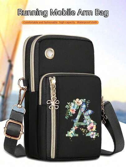 1 Pc Women'S Phone Bag, Fashionable And Simple Cross-Body Walking Mini Bag Printed With Gradient Green Floral Letters A-Z, Fashionable And Convenient Outdoor Activity Accessories Mini Mobile Phone Bag. Wrist Bag, Multi-Layer Bag, Women's Coin Purse, School Supplies, Simple Handbag