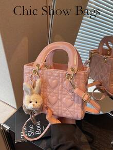 2026新款粉色爱心绗缝女士手提包，迷你斜挎包，带兔子挂饰 - 粉色 - 查看 10