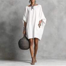 2026 European And American Spring/Summer Casual Fashion Imitation Cotton-Linen Batwing Loose Dress - Đỏ - Xem 5