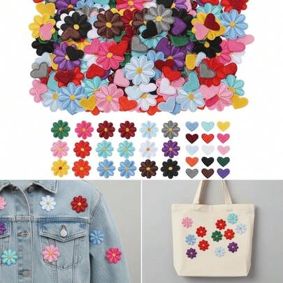 刺绣熨烫贴片，饰有花朵、爱心和迷你刺绣图案，多种颜色可选，适用于夹克、牛仔裤、背包——是装饰服装和配饰的理想之选。