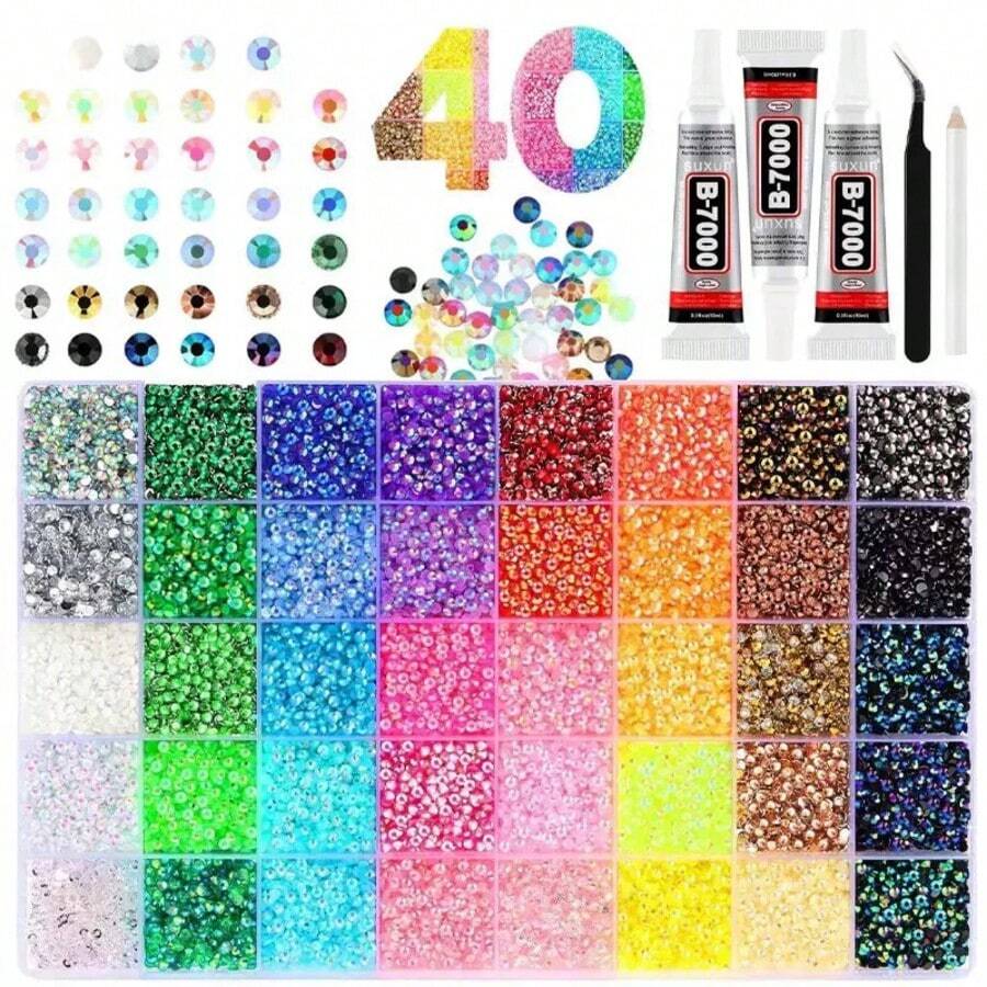 40 Colors Jelly Resin Flat Back Rhinestone Set, Includes Tweezers, Dotting Pen, Glue And Other Tools, Handmade DIY Material Kit, Suitable For Clothing Decoration, Cup Decoration, Diamond Painting And More, Suitable For Various Occasions