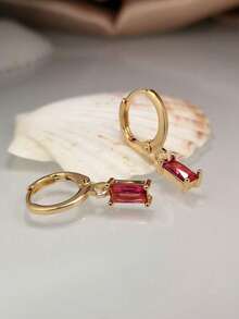 1 Pair Minimalist Square Pomegranate Red Glass Earrings - Hot Pink - View 3