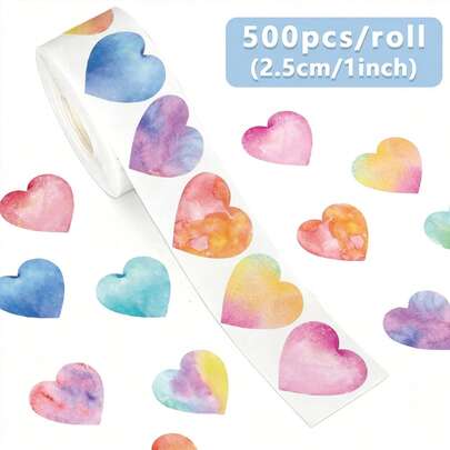 (500pcs/Roll) Watercolor Heart Stickers Roll, Rainbow Heart Shaped Paper Stickers, Self-Adhesive Decorative Labels For Crafts, Scrapbooking, Envelopes, Birthday Party, Suitable For Scrapbooks, Envelopes, Stationery Scrapbook Supplies