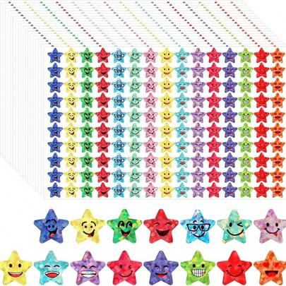 1500张闪光箔星贴纸，15种笑脸图案贴纸，适用于DIY手工、学生奖励、体育赛事、派对、舞台表演、礼品装饰等。