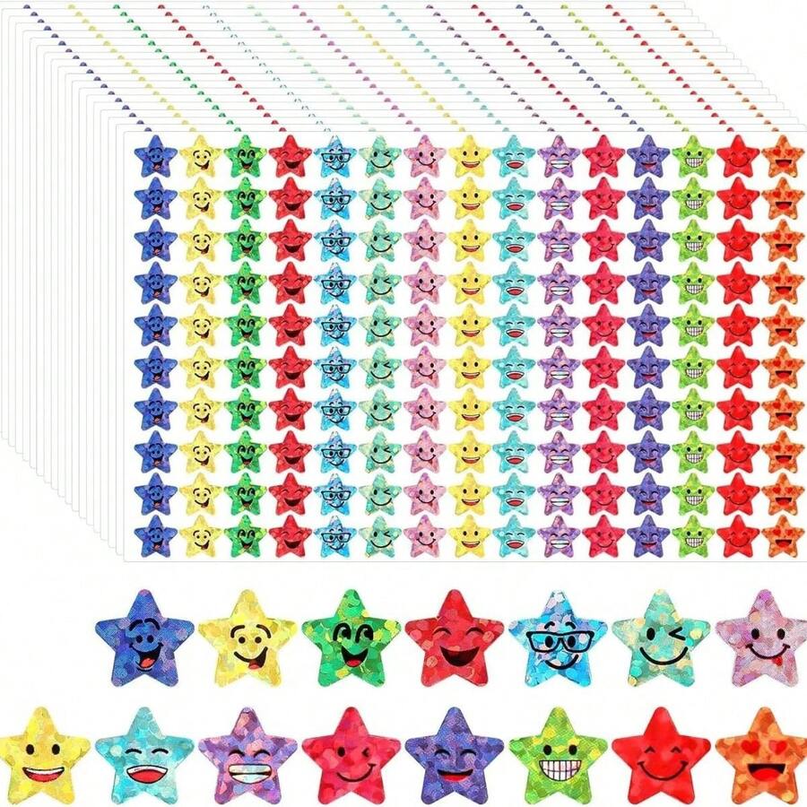 1500pcs Glitter Foil Star Stickers, 15 Designs Happy Smiling Face Stickers, Suitable For DIY Crafts, Student Rewards, Sports Events, Parties, Stage Performances, Gift Decorations, Etc. - Multicolor - View 1