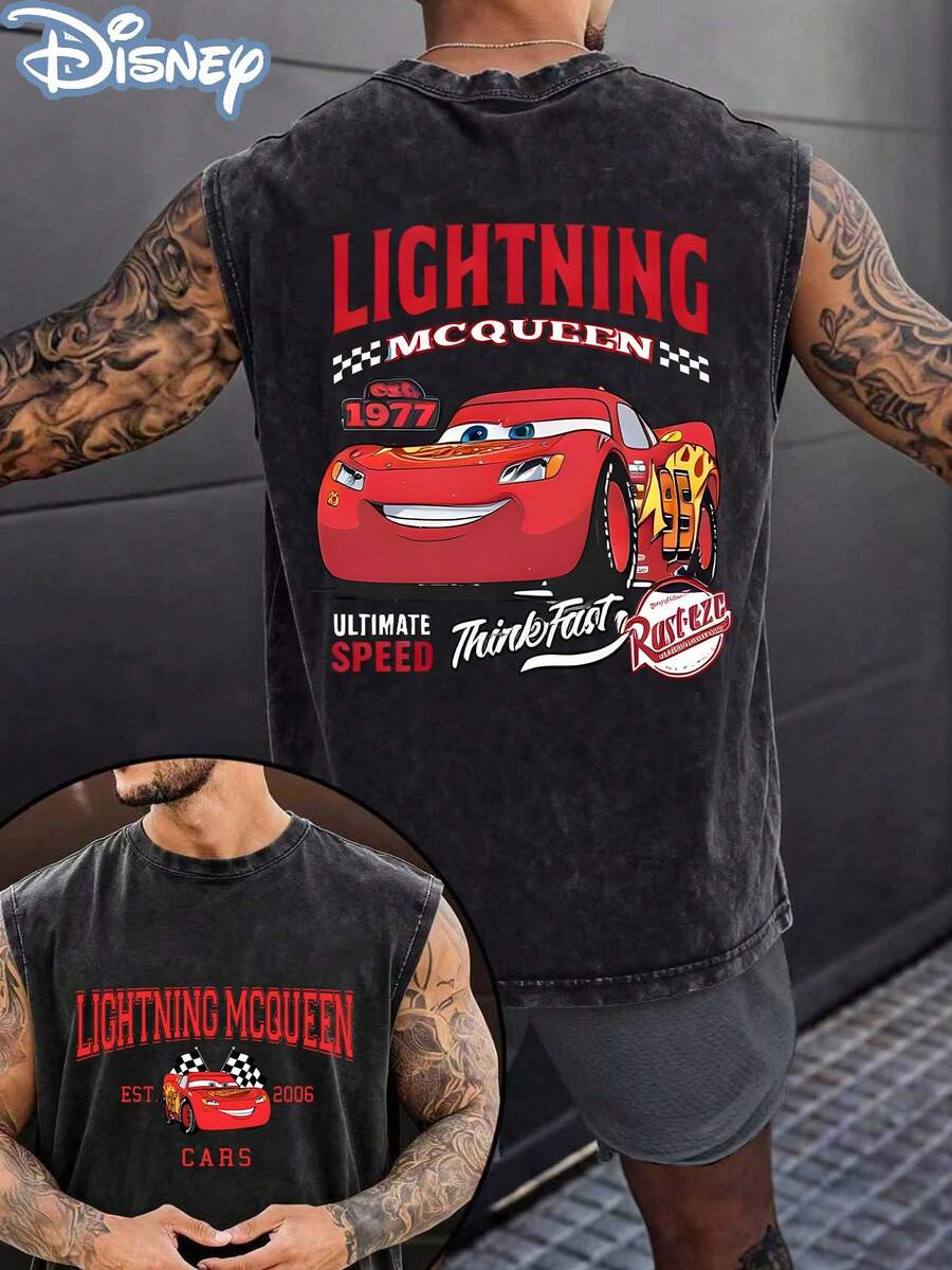Disney Cars Lightning McQueen "Ultimate Speed" Officially Licensed Men's Sleeveless Graphic Tee, 100% Cotton 230g Washed Vintage Casual Shirt - 黑色 - 查看 1