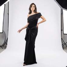 Sexy Black Off Shoulder Dress Long Slimming Fit Y2K Retro Womens Wedding Guest Evening Dress Elegant Fashionable New Style - 黑色 - 查看 3