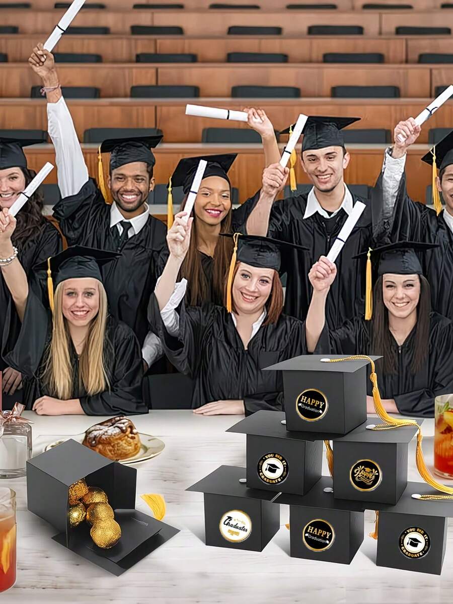 13/5pcs Black Graduation Cap Shaped Gift Boxes, Decorated With Black And Gold Stickers, 2026 Graduation Party Candy & Snack Packaging, DIY Graduation Party Tabletop Decor, Cookies & Candy Boxes - Multicolor - View 1