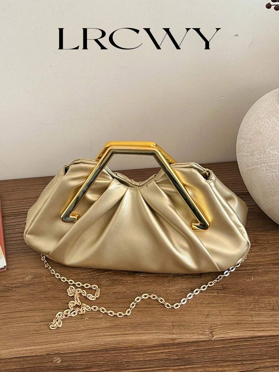 Women's Handbag With Pleated Cloud Design, Elegant Lady's Refined Luxury Metal Chain Strap, Suitable For Shopping, Dating, Party, Gold Color - Gold - View 1