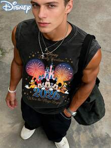 Disney Family Vacation 2026 Castle Fireworks Officially Licensed Men's Sleeveless Graphic Tee, 100% Cotton 230g Washed Vintage Casual Shirt - 黑色 - 查看 2