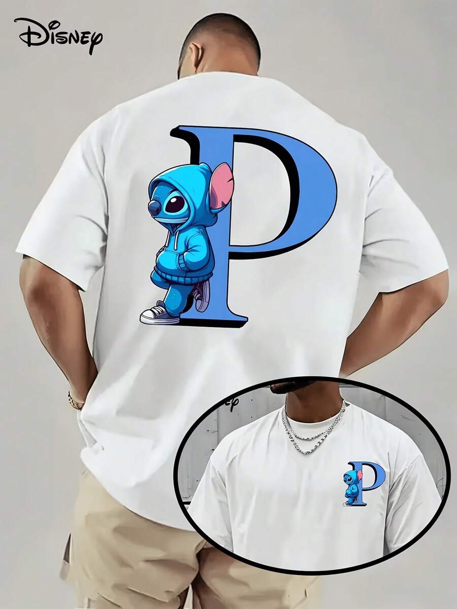 (Disney Licensed)Disney Lilo & Stitch Stitch Hoodie "Letter P" Streetwear Front And Back Print Men's Oversized Crew Neck Short Sleeve Graphic T-Shirt, Cool Stitch Urban Casual Tee For Men Summer Daily Wear, Disney Officially Authorized Men's Short-Sleeved T-Shirts, Mens Clothes, Men, Ropa De Hombre, Summer Clothes, Men Shirts, Graphic Tees, Disney Outfits Men, Graphic Tees, Camisetas Para Hombre, Camisas Para Hombre, Summer Outfits For Men, Father's Day Gift, Perfect Gift For Family And Friends, Which Are Necessary For Birthday Parties, Disney Shirts, Mens Clothes, Summer Clothes, Officially Licensed Disney T-Shirts, Disney Men's And Women's Spring/Summer Fashion Casual Short-Sleeve T-Shirts - White - View 1