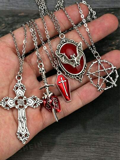 Bộ 5 món trang sức hình dơi phong cách Y2K cổ điển, đính đá quý, hình thánh giá, quan tài, mũi tên, trái tim xuyên thấu, ngôi sao đỏ, dây chuyền thép không gỉ, phong cách Ins, cá nhân hóa, hip hop, boho, mặt dây chuyền hình khóa tình yêu.