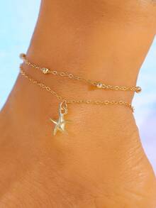 1件复古优雅个性化海洋生物脚链，双层金属链配海星吊坠，可调节简约脚链，适合女性佩戴，适合夏季海滩度假，是送给朋友、家人、情侣的难忘礼物。 - 金色8 - 查看 4