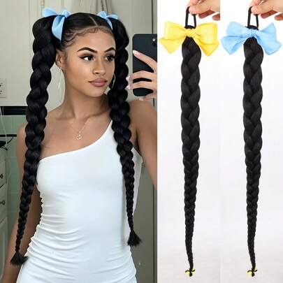 2PCS 24 Inch Synthetic Long Yellow Blue Bow Braided Ponytail Hair Extensions For Women With Elastic Band Hair Accessories Daily Party