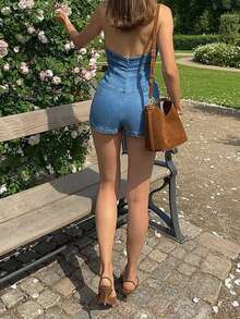Casual Countryside Chic Sexy Button Decor, Lace Patchwork Halter Neck Medium Wash Denim Jumpsuit Summer - Dark Wash - View 5