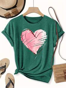 Casual Knitted Round Neck Short Sleeve Tee With Pink Heart Graphic, Plus Size Top For Summer Style,Only One Short-Sleeve Shirt - Green One-piece Pack - 2 - View 3