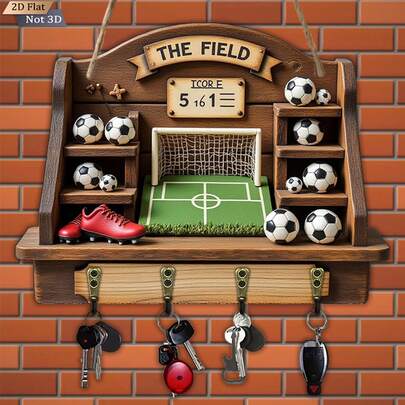 1 chiếc móc treo chìa khóa bằng gỗ nhân tạo 2D kiểu dáng bóng đá cổ điển, móc treo chìa khóa đa năng bằng gỗ kèm 4 móc kim loại, trang trí tường, trang trí hiên nhà.