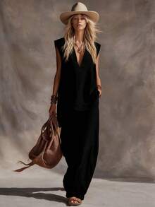 2026 Women's Spring/Summer New Vest With Side Pockets, Solid Color, Casual, Comfortable, Minimalist Linen Two-Piece Set - 杏色現貨 - 查看 9