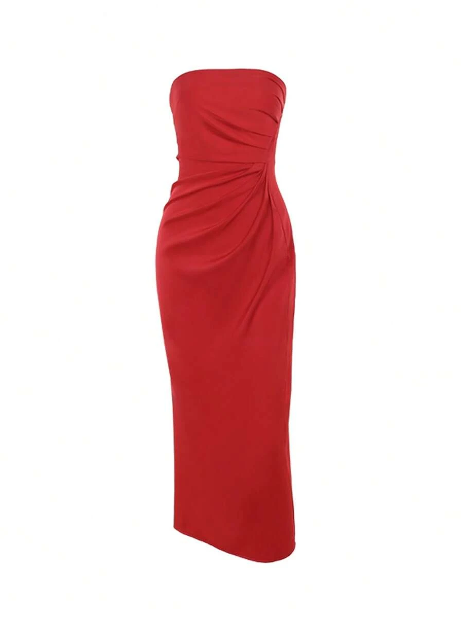OhhNeed Women's Summer Solid Color Waist Ruched Elegant Satin Strapless Dress, Sleeveless Red Dress With Slit, Suitable For Graduation Ceremony, Business Meeting, Party, Birthday And Other Occasions