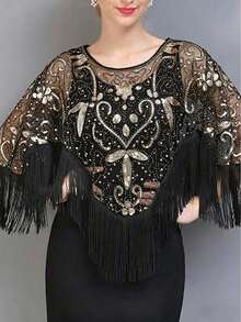 1pc Handmade Sequin Tassel Shawl Collar Poncho, Fashionable Versatile Vest - Multicolor - View 11