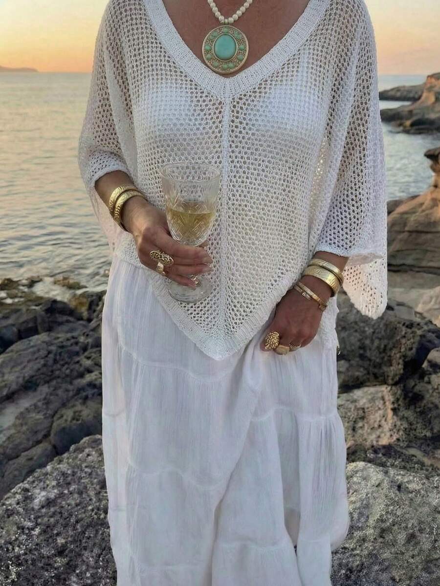 Women's Minimalist Elegant Chic Knit Top, Spring/Summer - White - View 1