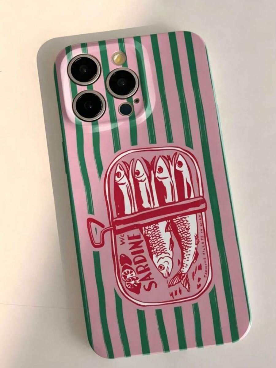 1pc Simple Cartoon Painting Striped Sardine Pattern Pin-Hole Glossy Film Case All-Inclusive Hard Phone Case For IPhone 11/12/13/14/15/16pro Max - Multicolor - View 1
