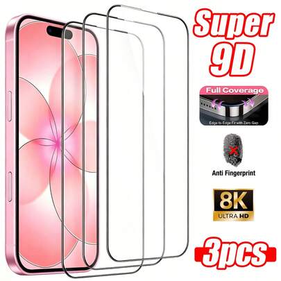 3 piezas Protector de pantalla de vidrio templado Ultra-HD Super-9D con kit de instalación - Compatible con iPhone 17 Pro Max/17 Pro/17 Air/17e/16 Pro Max/16e/15 Pro Max/14 Plus/13 Pro Max/12 Pro/11 Pro Max/Xs Max y talla grande.