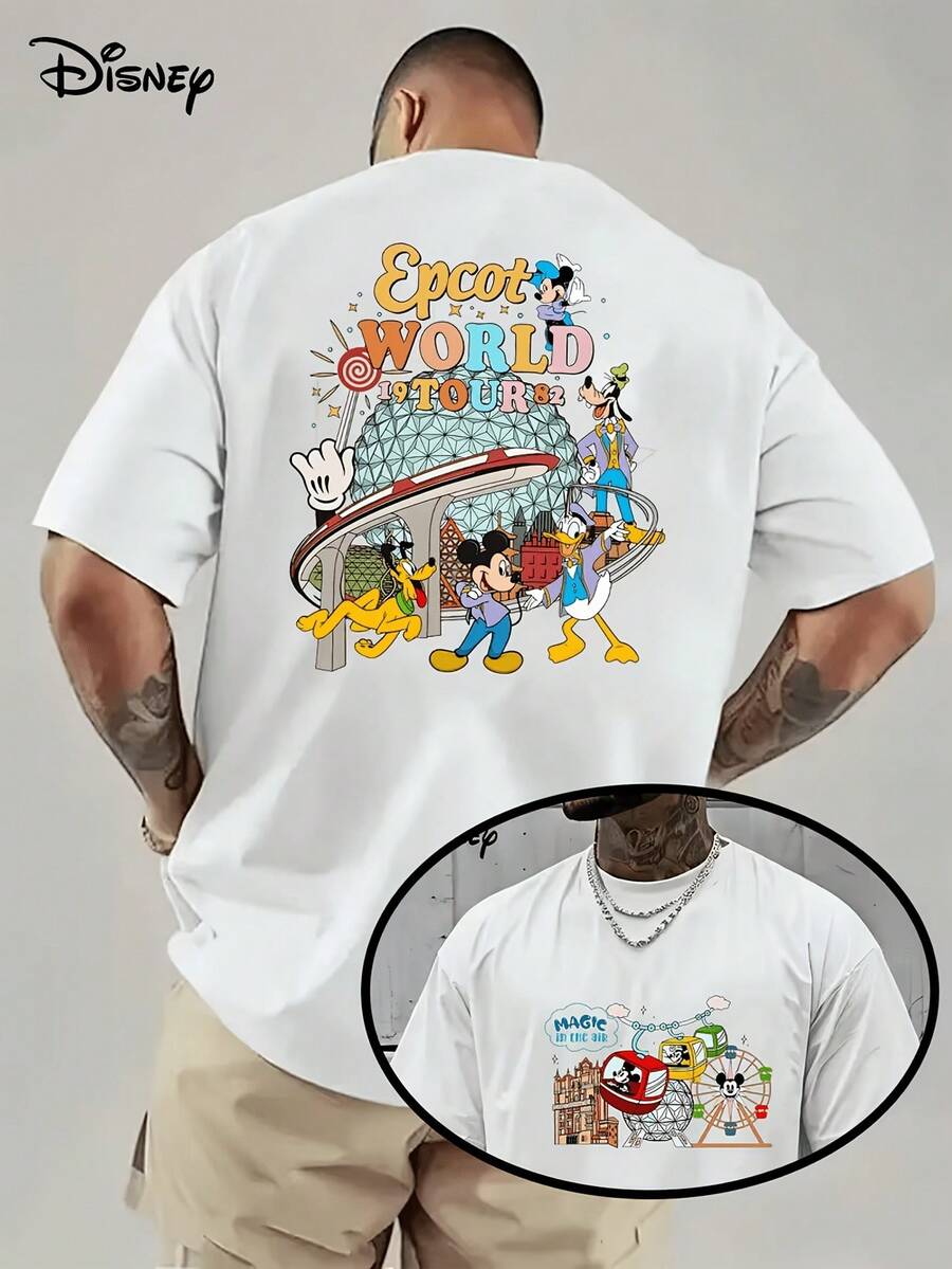 (Disney Licensed)Disney Mickey & Friends Epcot World Tour 1982 Theme Park Front And Back Print Men's Oversized Crew Neck Short Sleeve Graphic T-Shirt, Retro Disney World Casual Streetwear Tee For Men Summer Daily Wear, Disney Officially Authorized Men's Short-Sleeved T-Shirts, Mens Clothes, Men, Ropa De Hombre, Summer Clothes, Men Shirts, Graphic Tees, Disney Outfits Men, Graphic Tees, Camisetas Para Hombre, Camisas Para Hombre, Summer Outfits For Men, Father's Day Gift, Perfect Gift For Family And Friends, Which Are Necessary For Birthday Parties, Disney Shirts, Mens Clothes, Summer Clothes, Officially Licensed Disney T-Shirts, Disney Men's And Women's Spring/Summer Fashion Casual Short-Sleeve T-Shirts - trắng - Xem 1