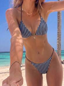 Bikini de rayas bohemio con cuello en V y alta elasticidad, traje de baño de moda para mujer para playa, resort y vacaciones de verano - Multicolor - Ver 3