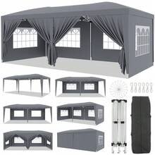 Pabellón Plegable Reforzado 10x20 – Carpa Exterior Impermeable con 6 Paredes Laterales Removibles, 3 Alturas Ajustables, Montaje Fácil, Incluye 18 Estacas y 6 Cuerdas, Ideal para Eventos, Color Blanco - Gris - Ver 1