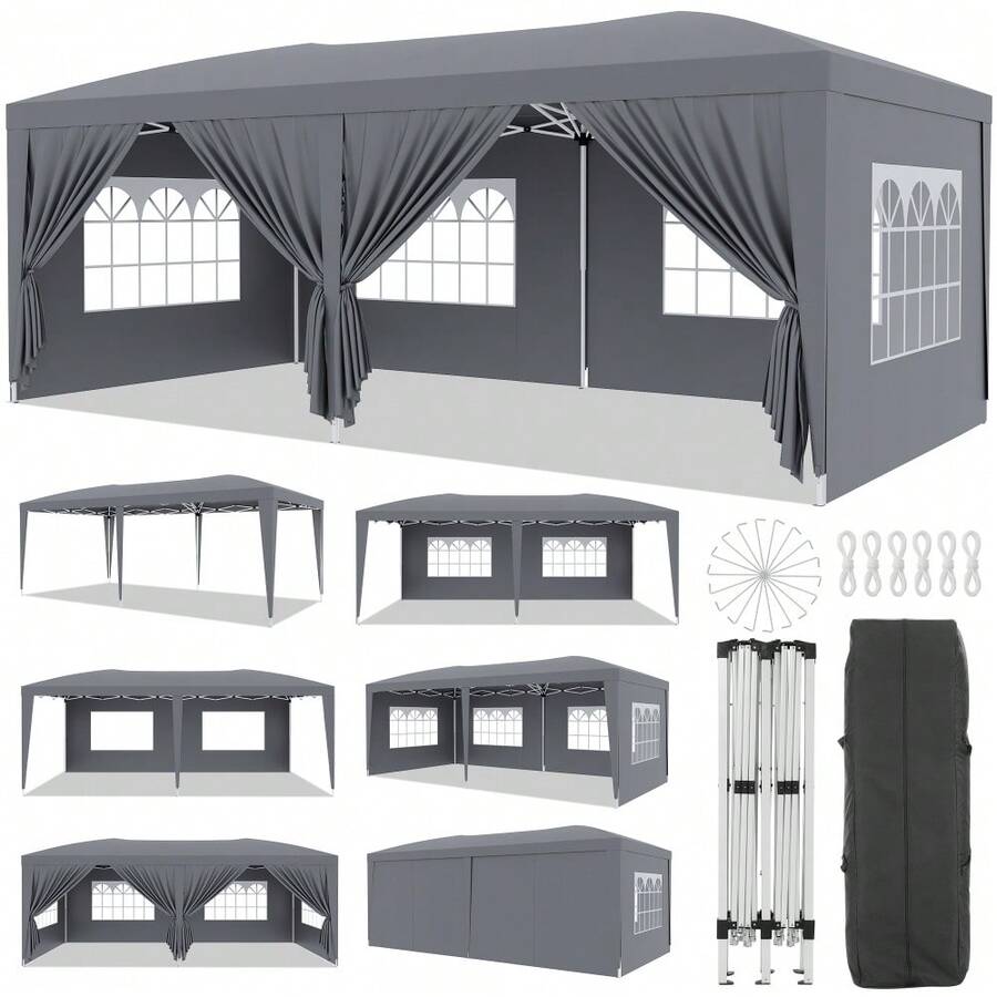 Pabellón Plegable Reforzado 10x20 – Carpa Exterior Impermeable con 6 Paredes Laterales Removibles, 3 Alturas Ajustables, Montaje Fácil, Incluye 18 Estacas y 6 Cuerdas, Ideal para Eventos, Color Blanco - Gris - Ver 1