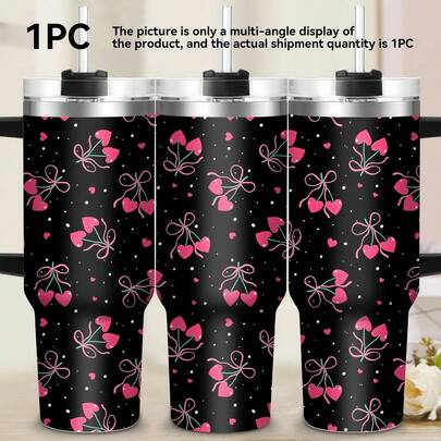 1/5 chiếc cốc giữ nhiệt 40oz màu đen hồng hình trái tim và nơ có tay cầm - Cốc du lịch phong cách Y2K tình yêu, quà tặng ngày Valentine và sử dụng hàng ngày.