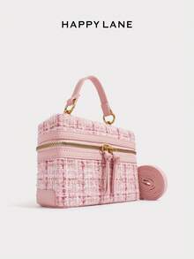 HAPPY LANE Pink Tweed Square Zipper Bag,. Made Of Pink Tweed With A Gold Zipper And Detachable Shoulder Strap. This Bag Can Be Carried By Hand Or Worn As A Crossbody Bag. Perfect For Everyday Commuting, Dates, And Parties. A Stylish And Versatile Pink Tweed Shoulder Bag, Chunky Chain Strap Purse, Vintage Style Crossbody Bag, Causal Everyday Outfit. - 小香粉 - 查看 3
