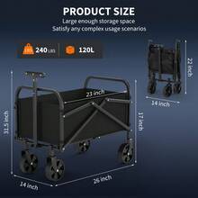 Carro Plegable de Alta Resistencia – Capacidad de 240 libras – Ruedas Todo Terreno – Gran Carrito Plegable para Camping, Jardín, Playa, Picnic, Manija Ajustable, Portavasos - Rueda de 5 pulgadas, tela Oxford 600D + tubo cuadrado - Ver 8