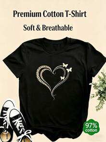 T-shirt décontracté à manches courtes pour femmes, T-shirt à imprimé léopard noir, cœur et papillon, 97% coton à manches courtes, Top de loisirs mignon - Noir - Voir 1