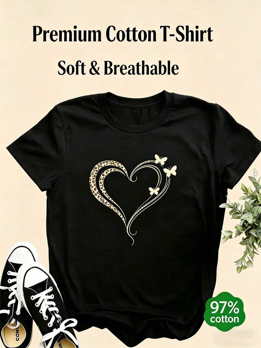 T-shirt décontracté à manches courtes pour femmes, T-shirt à imprimé léopard noir, cœur et papillon, 97% coton à manches courtes, Top de loisirs mignon - Noir - Voir 1