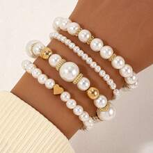 Bộ 4 vòng tay thời trang co giãn hình trái tim và đính ngọc trai, phong cách tối giản. - A - Xem 8