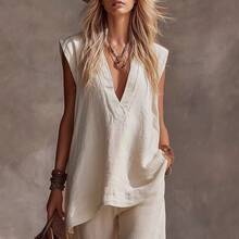 2026 Women's Spring/Summer New Vest With Side Pockets, Solid Color, Casual, Comfortable, Minimalist Linen Two-Piece Set - 杏色現貨 - 查看 2