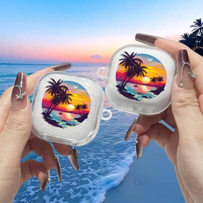 1pc Creative Transparent Earphone Protective Case, Featuring Sunset At Sea Printed Pattern With Gradient Orange-Red-Purple Sunset, Silhouette Of Palm Trees, Boat On The Sea And Crescent Moon Details, Refreshing And Healing Style With Vacation Vibe, Suitable For Samsung Galaxy Buds Live/Buds Pro/Buds 2/Buds 4 Pro. Comfortable Grip, Minimalist And Durable Design For Men And Women, Fashionable Appearance, (Ideal Gift For Anniversary, Valentine's Day, New Moon, Eid Al-Fitr)