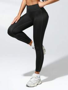 Leggings elásticos de cintura alta para mujer, con diseño de bolsillo trasero, pantalones deportivos y de yoga con ajuste ceñido y moldeador - Negro - Ver 5