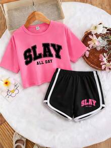 1 Set Suitable For Teenage Girls, Round Neck Short Sleeve Printed T-Shirt And Sports Shorts Set, Text Graphic Print, Comfortable Minimalist Design, Suitable For Spring And Summer - Multicolor - View 1