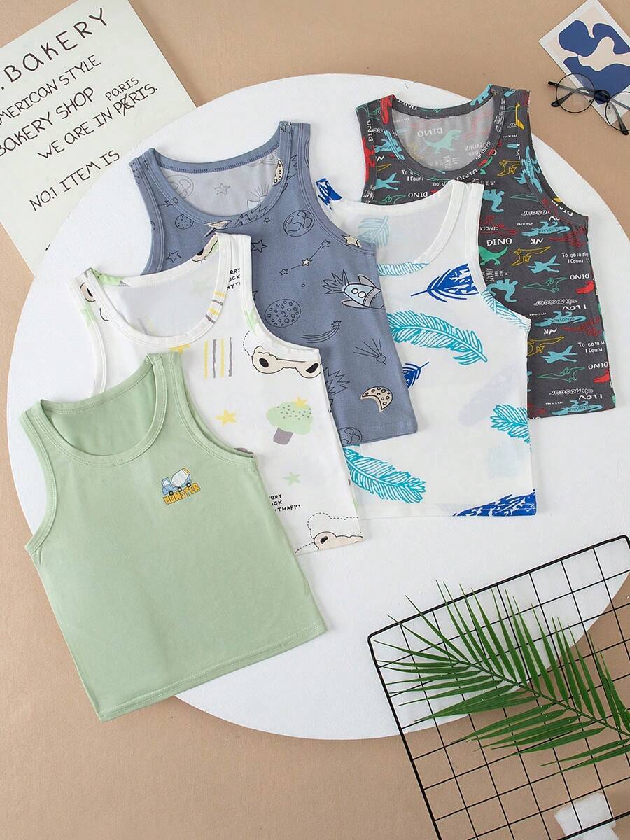5pcs/Set Kids Boys' Sleeveless Undershirt/Tank Top, Lightweight Summer Wear, Suitable For Ages 4-12 - Multicolor - View 1