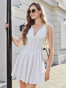 PARTHEA Đầm mini trắng thanh lịch dành cho nữ, cổ chữ V sâu, dáng đuôi cá, không tay, xếp ly, dáng chữ A ôm sát, thắt eo, thích hợp cho tiệc cocktail và dạ hội. - trắng - Xem 7